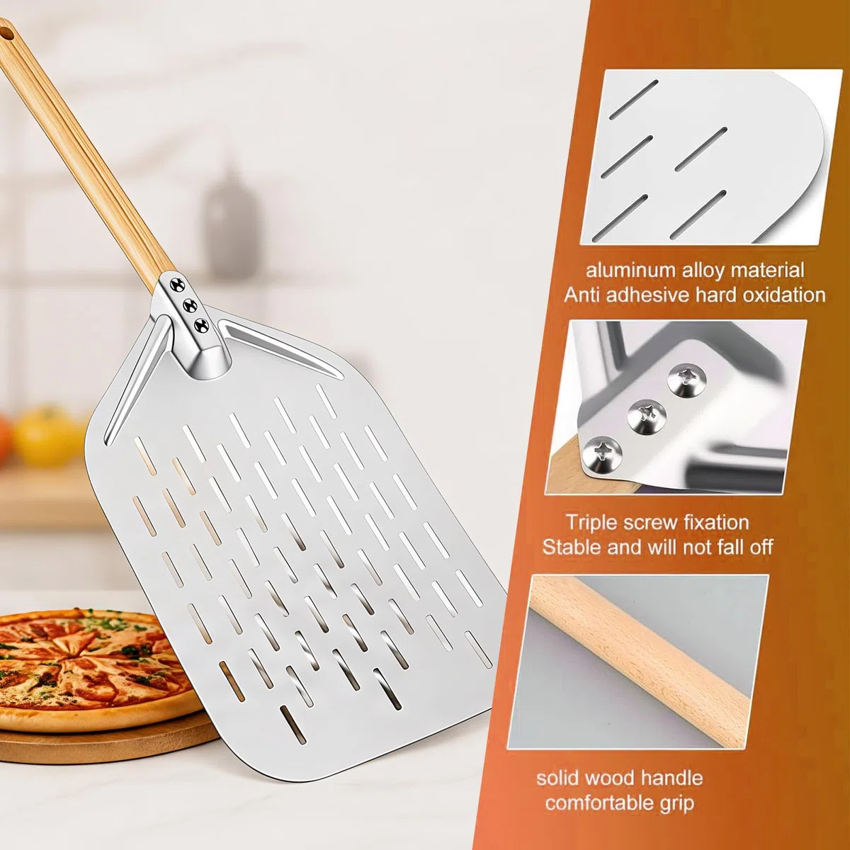 12 Pollici Pala per Pizza, Pala Pizza Forata in Alluminio con Manico in Legno Rimovibile, per Barbecue a Gas, Barbecue e Forno, per Riporre Facilmente La Pizza Grande, 40 x 30 cm