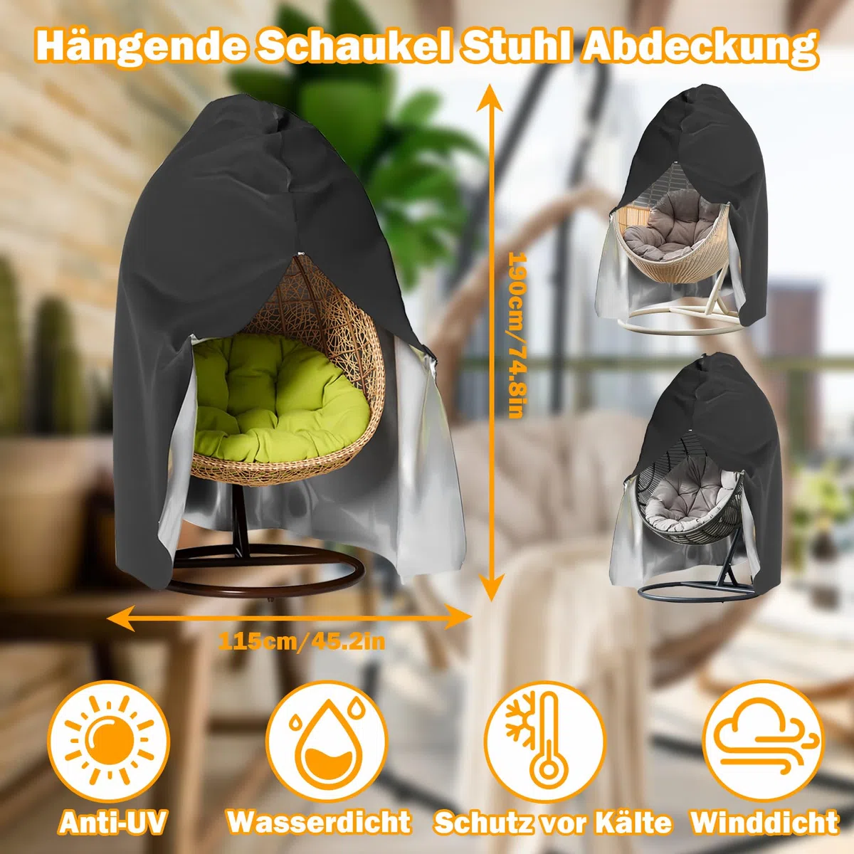 Longziming - Custodia protettiva per poltrona sospesa 210D, Oxford, impermeabile, antivento, resistente ai raggi UV, con rivestimento in PVC, con coulisse, colore nero (115 x 190 cm)