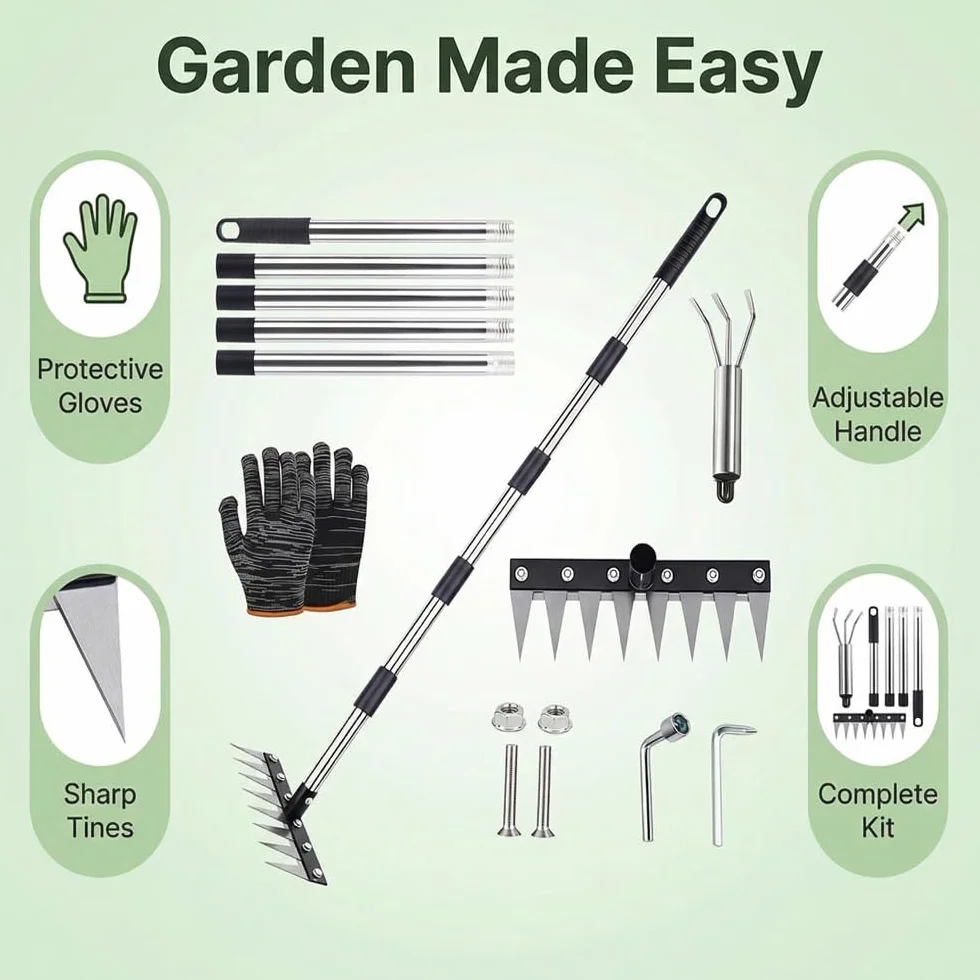 Trinciatore per erbacce con manico lungo 185 cm, utensile multiuso da giardino, rastrello per erbacce in acciaio inox con 8 denti, rastrello da giardino, zappa per erbacce