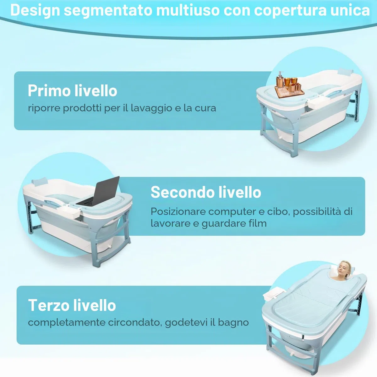 Daromigo Vasca da bagno pieghevole XXL, 149 x 60 x 50 cm, per adulti, portatile, pieghevole, con copertura e rulli massaggianti, per bagno, doccia e balcone