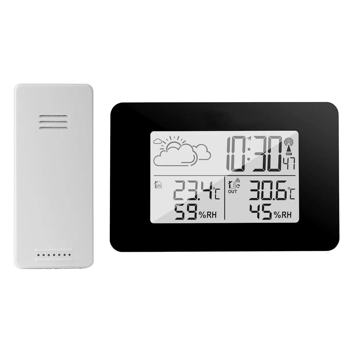 eMylo Stazione Meteo Radio con sensore Esterno, Termometro Digitale LCD Ambiente Interno Esterno - Igrometro Umidità con Retroilluminazione e Previsioni Meteo per Casa Camera da letto Giardino