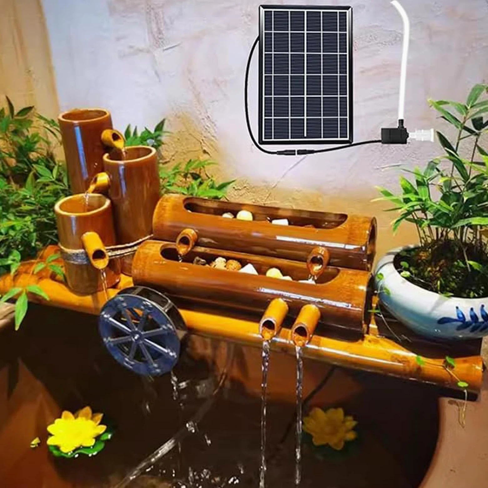 Fontana Solare In Bambù Con Pompa, Decorazione Per Il Giardino, Cascata Zen Da Esterno, Fontana Autoportante A Circolazione D'Acqua Per Patio, Giardino, Acquario, Laghetto, 24,16 Pollici (40 Cm)