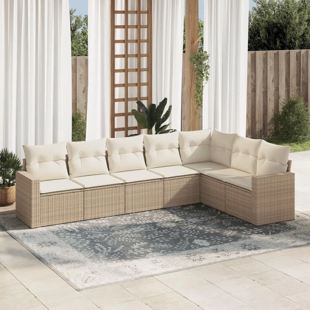 Set da 7 pezzi in polyrattan beige con cuscini, divano da giardino per terrazza, design modulare con vano portaoggetti e borsa idrorepellente, fodere sfoderabili e lavabili