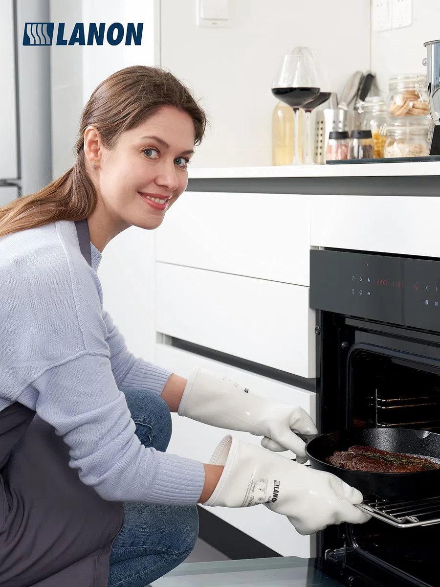 LANON Guanti in Silicone Liquido Resistenti al Calore, Guanti da Forno con Dita, Grado Alimentare, Impermeabile, Bianco, M/8