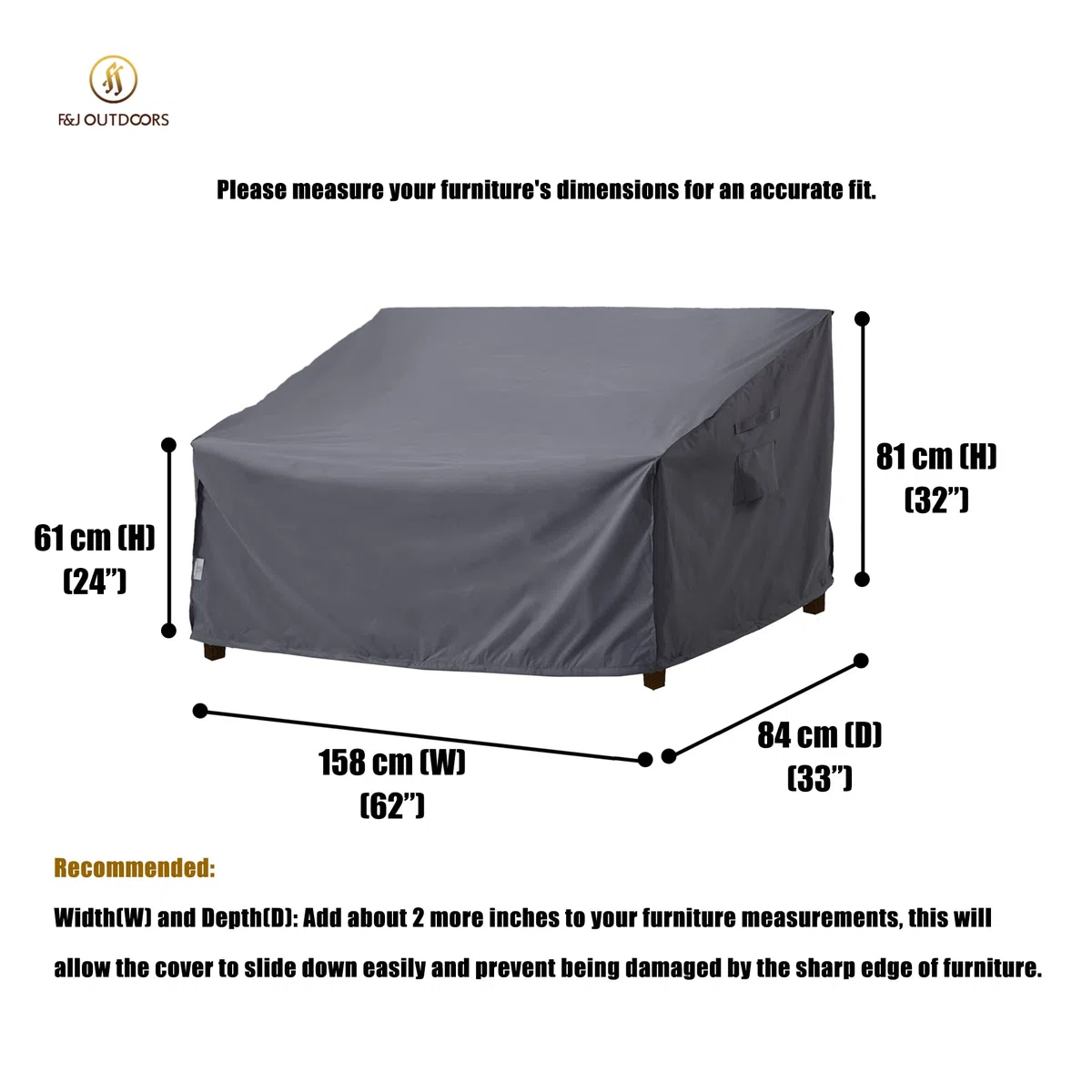 F&J Outdoors Copertura impermeabile da giardino per divano a 2 posti, in tessuto ecologico, resistente ai raggi UV, per esterni, 158 x 84 x 61/81 cm, grigio
