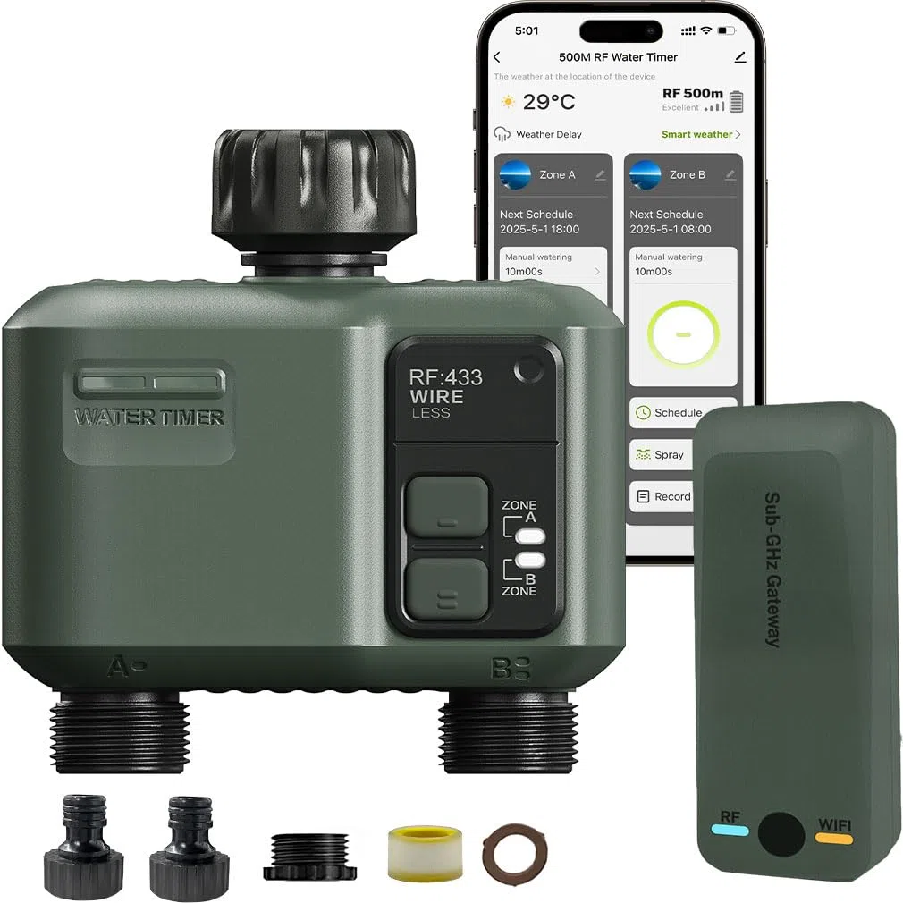 Centralina Irrigazione WiFi 2 uscite, tecnologia RF 433 da 500M Computer Giardino Timer Irrigazione,Timer Acqua Giardino Programmabile con Ritardo Pioggia, Modalità di Irrigazione Automatica e Manuale