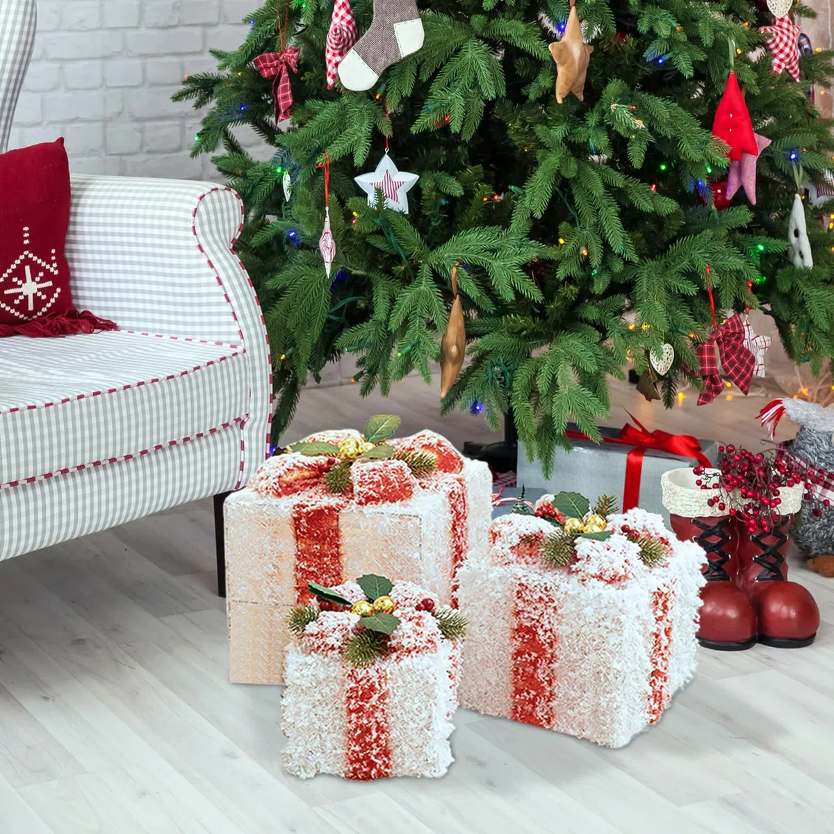 Set di 3 scatole decorative, decorazioni per albero di Natale, scatole regalo con fiocchi, per vacanze al chiuso e all'aperto