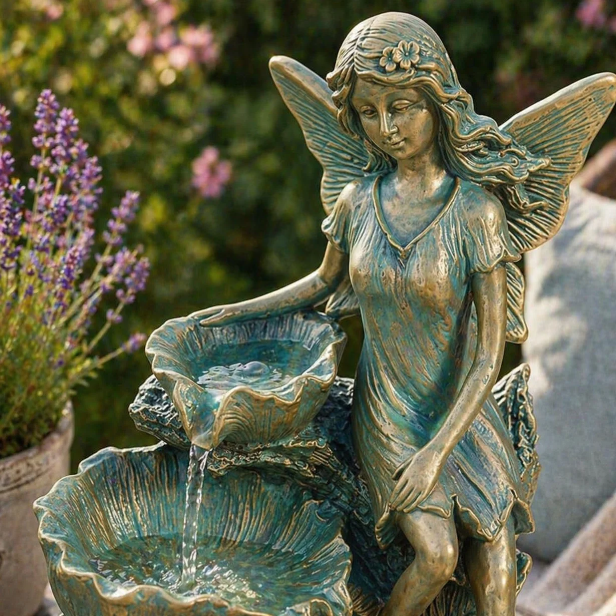 Festive Lights Fontana solare a LED, 41 cm, a forma di cascata a energia solare, per interni ed esterni, fontana solare per esterni, gioco d'acqua, giardino, bronzo