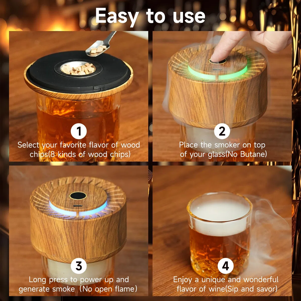 Kit per affumicare whisky con custodia in legno, affumicatore elettrico per cocktail e trucioli di legno da 8 gusti, kit per affumicatore vecchio stile Bourbon regali per uomini