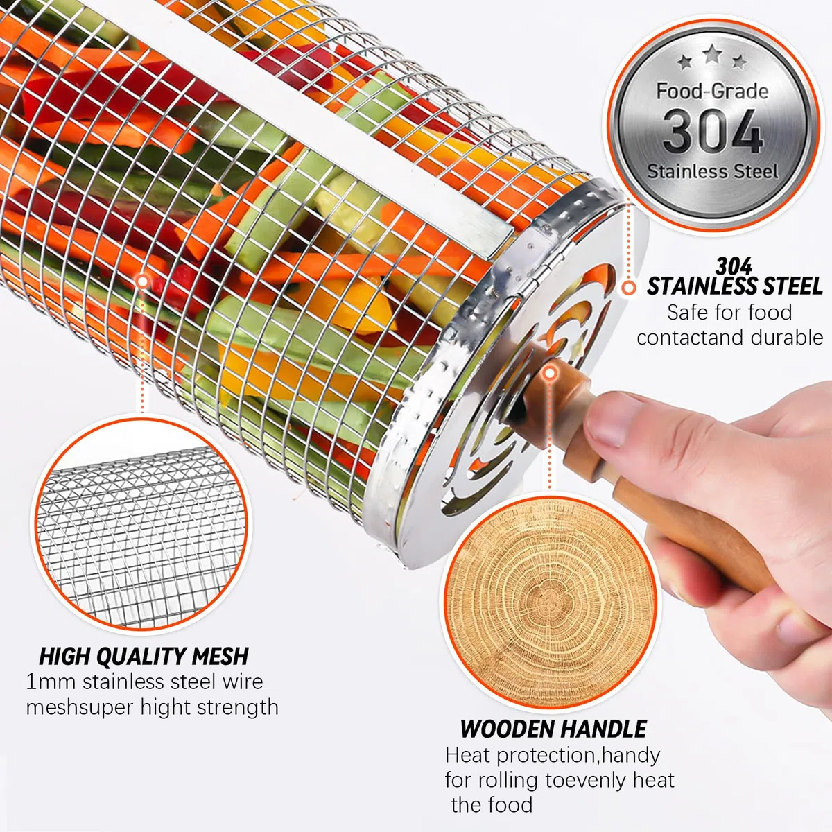 2PCS Cestini per Grigliare,Cestello per Griglia Rotante con Maniglia di Legno,Cestino per Barbecue Acciaio Inox,Accessori Barbecue per all'aperto,Cestello per barbecue all'aperto per verdure