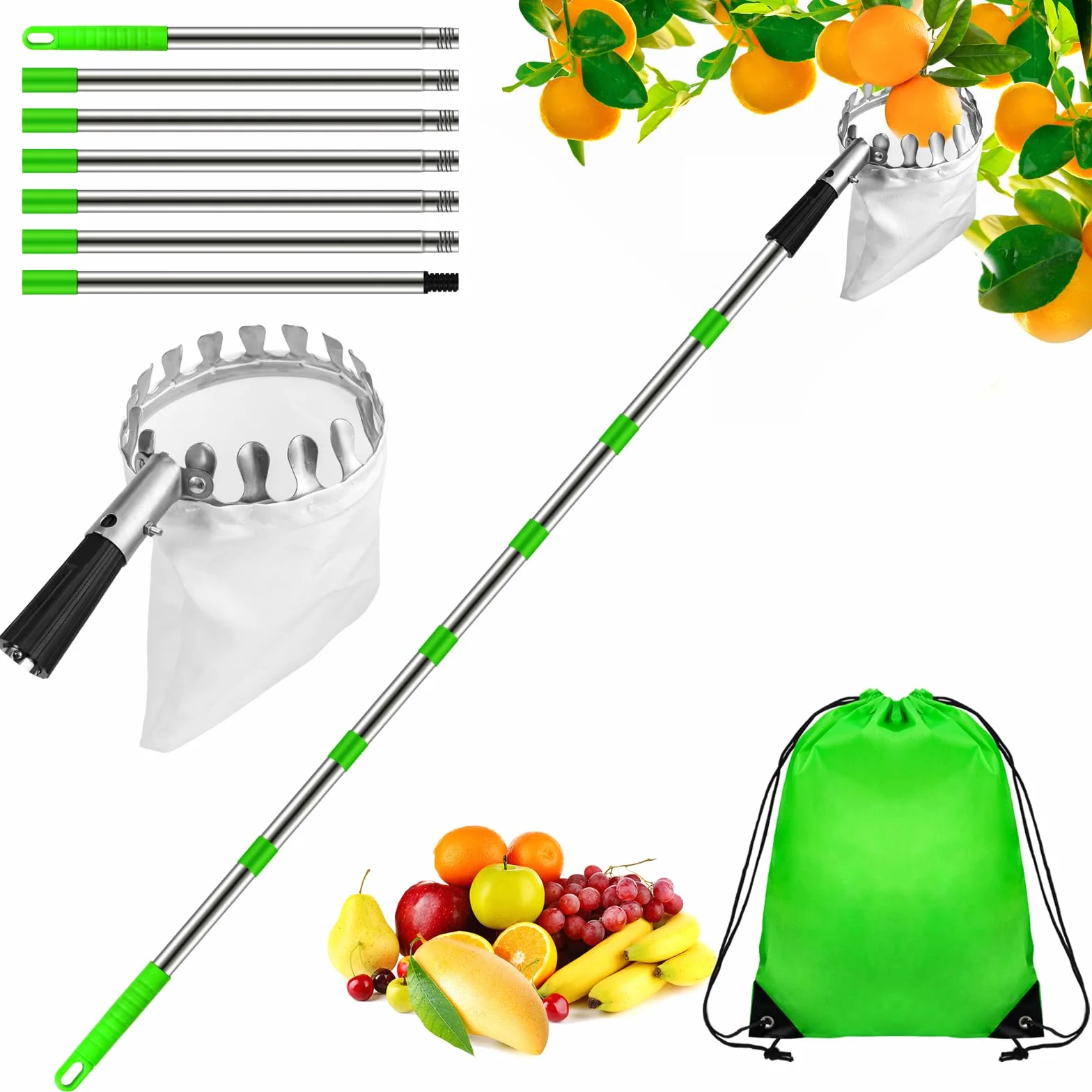 Dreamtop Raccogli Frutta Telescopico 2,8 m, Inox Raccogli Frutta da Albero con Borsa di Tela Extra Spesso, Regolabile Raccoglifrutta per Fichi Nespole Mele Ciliegie