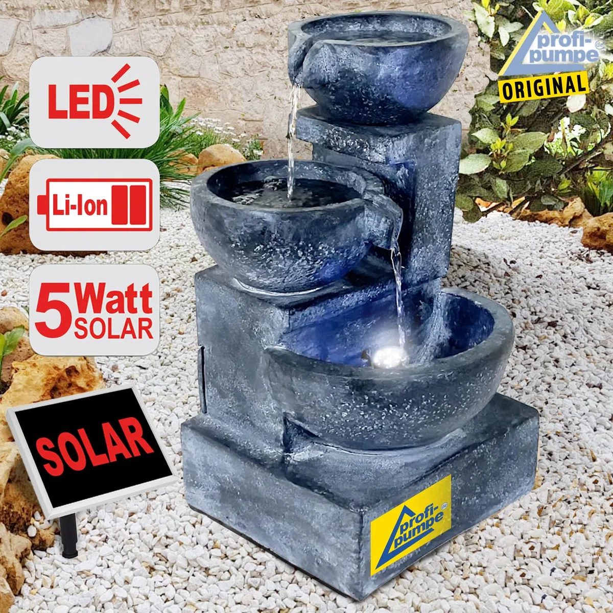 Fontana solare da giardino, fontana solare con luce LED, fontana decorativa, cascata, luce da giardino, pompa per laghetto per terrazza con pompe (fontana solare GRANITSCHALEN-Kaskade-3 con luce LED)