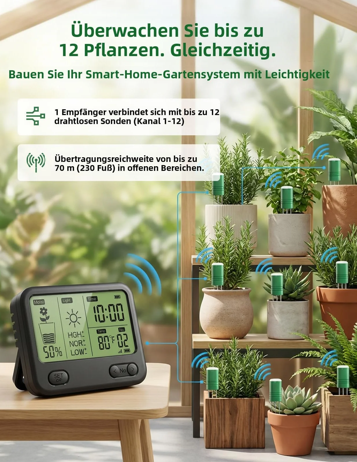 Umidimetro Senza Fili per Pavimento con Ricevitore LCD - Sensore 3 in 1 a 3 sonde (umidità, Temperatura, Luce), Raggio RF di 230 Piedi, Impermeabile, Lunga Durata (2 sensori)