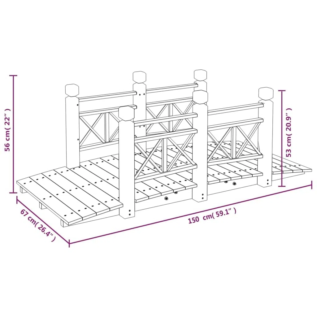 Generico Ponte Giardino Ringhiere 150x67x56cm Legno Massello Abete Rosso,Prato e Giardino,Vita all'aperto,Strutture da Esterno,Ponti da giardino-363359