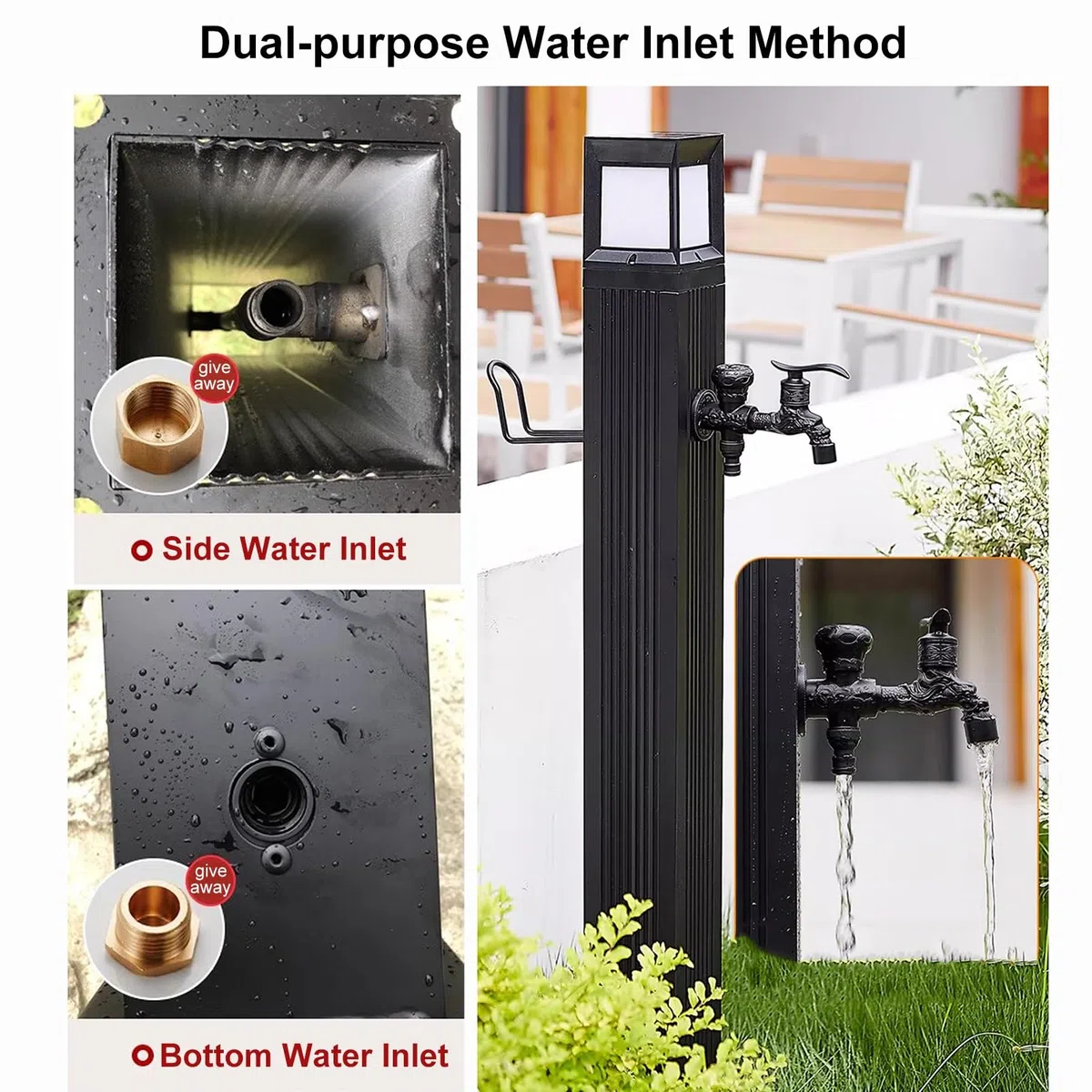 Colonna D'acqua con Luce LED Solare, Fontana da Giardino Esterno Metallo Fontanelle da Giardino Rubinetti da Esterno Ottone (Color : Column With dual faucet, Size : 73cm)