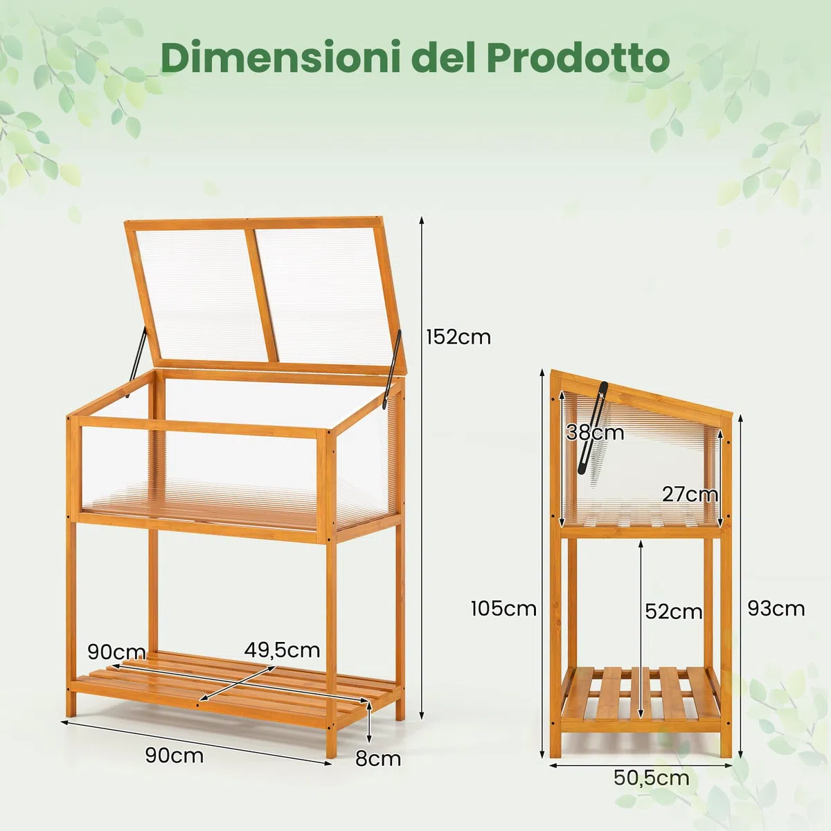 COSTWAY Mini Serra in Legno con Tetto Trasparente Apribile e Mensola a Doghe, Mini Serra Salvaspazio da Interno ed Esterno per Giardino, Veranda e Balcone, 90 x 50,5 x 105 cm