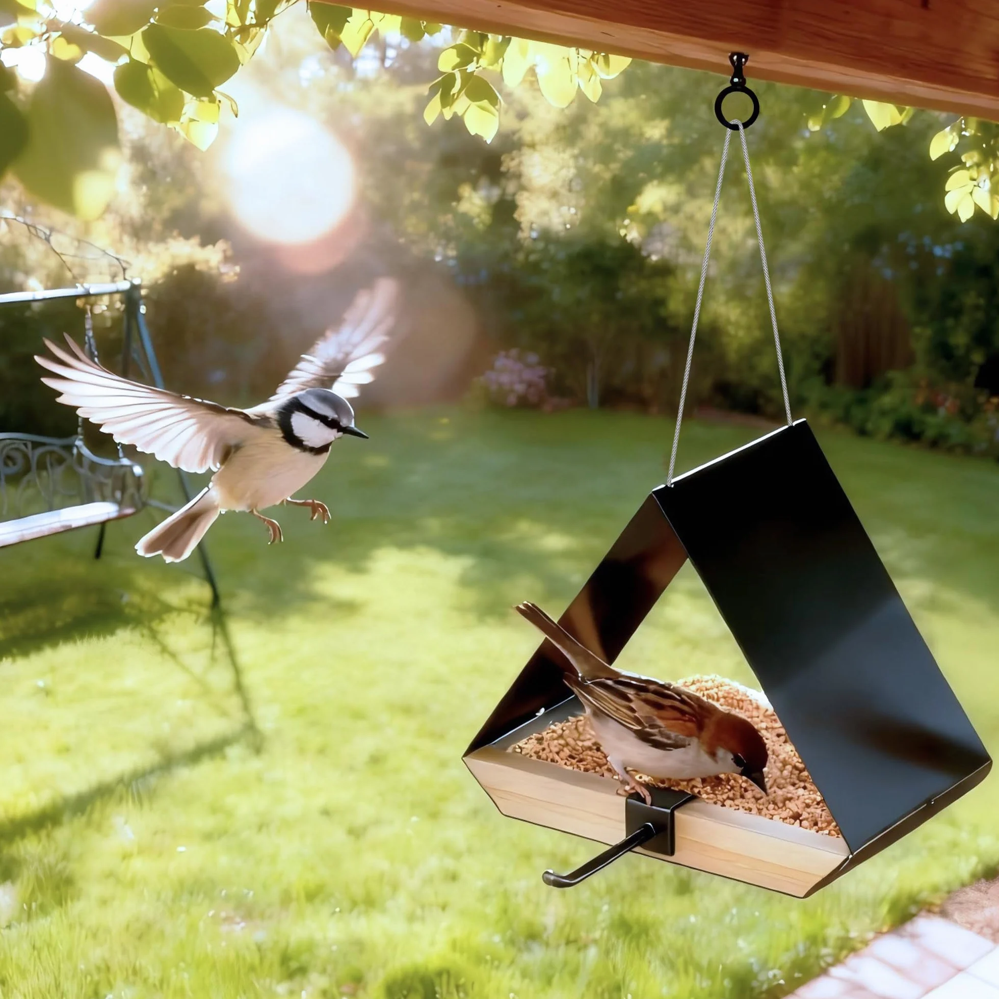 FANHAO Mangiatoia con Tetto Metallico, Sospensabile Esterno, Rete Ventilata, Facile da Pulire, Regalo Birdwatching e Arredo Giardino per Pettirossi, Cincialle e Uccelli Selvatici, Nero