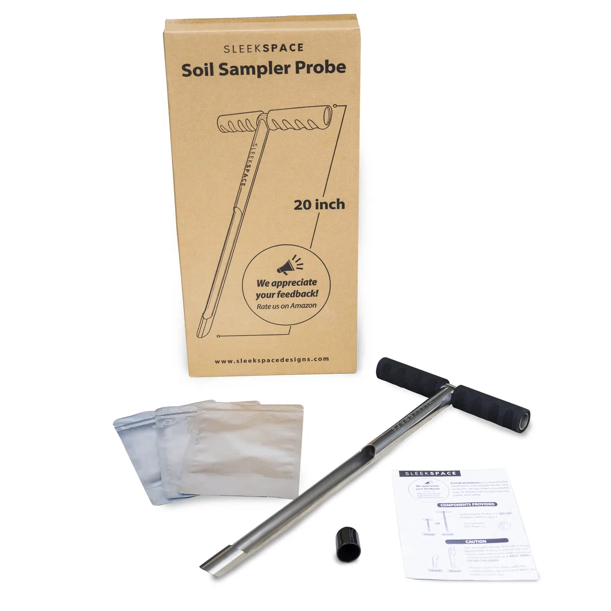 Sonda per Terreni Sleekspace con Piccoli Sacchetti per Trasporto di Campioni di Terra. Asta della Sonda di Campionatura da 20". Design della Sonda per Terreni con Brevetto Depositato