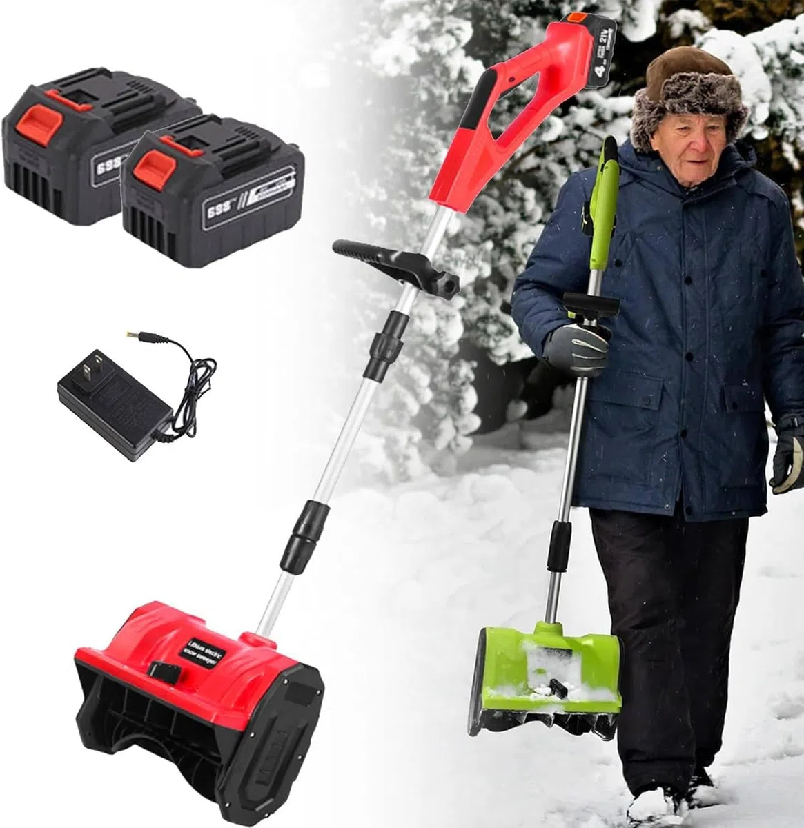 Pala da Neve elettrica con Display Digitale, spazzaneve a Spinta Manuale da 650 W con 2 batterie, Regolazione telescopica, Pala da Neve per Esterni per Patio, Fattoria Red