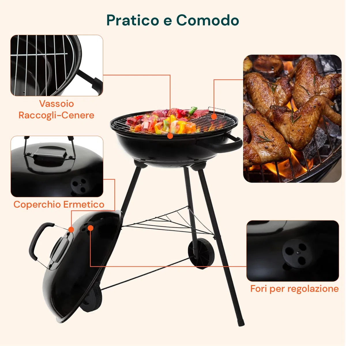Barbecue a Carbonella Carmensa 43 cm - Il BBQ a Carbone Perfetto per le Tue Giornate Estive! Montaggio Veloce, Cottura Grill e Forno, Nero