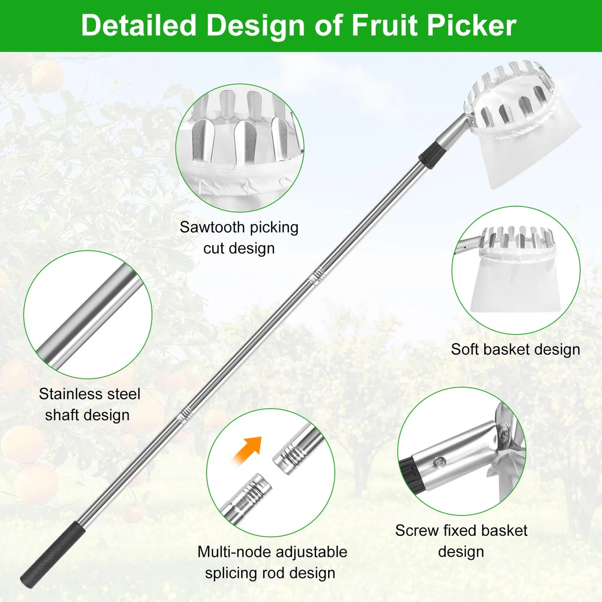 GOSHIES Raccogli frutta, 4 m, con manico telescopico, raccogli mele, con sacchetto di cotone, per ciliegie, facile da montare per alberi da frutto