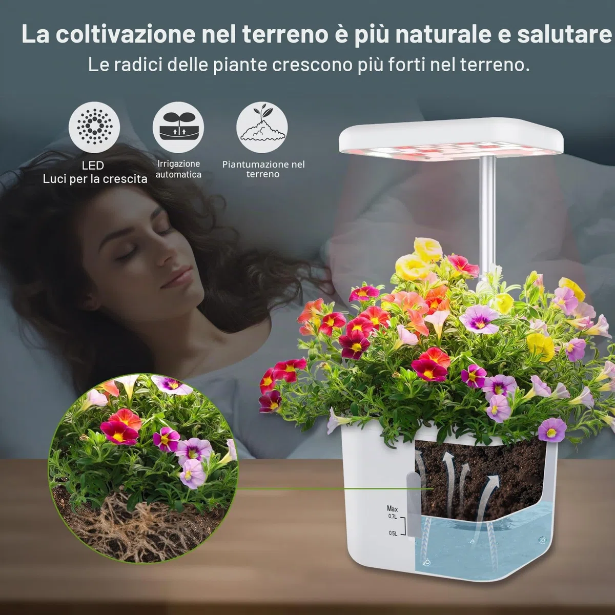 Fioriera da giardino per interni sistemi di coltivazione per piante da pavimento, piccolo sistema di giardinaggio intelligente con luce LED di crescita da 17 W, timer automatico, vaso di irrigazione