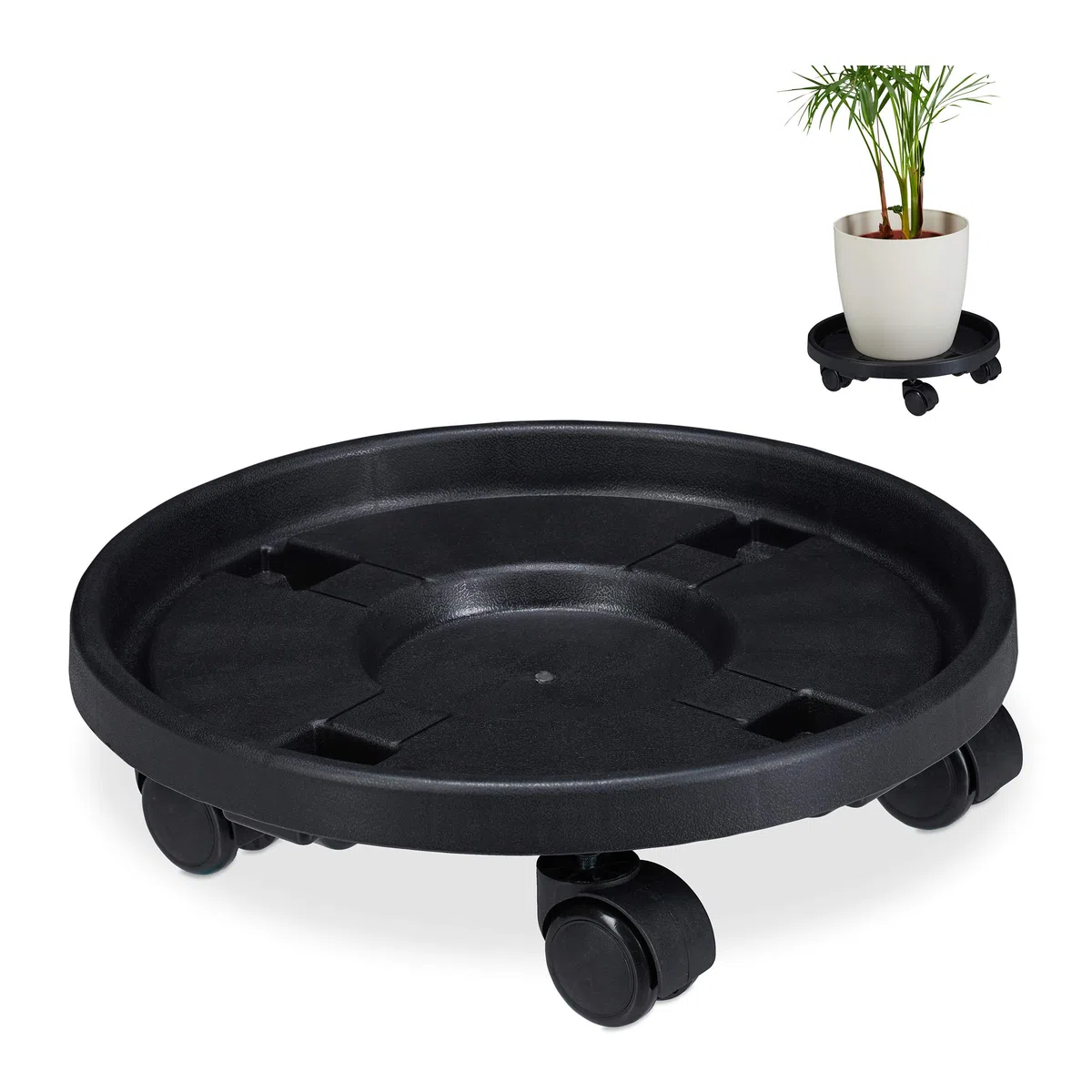 Relaxdays Portavasi con Ruote, Set Doppio, Ø 35,5cm, Carrelli Sottovasi con Rotelle, Plastica, Indoor & Outdoor, Nero