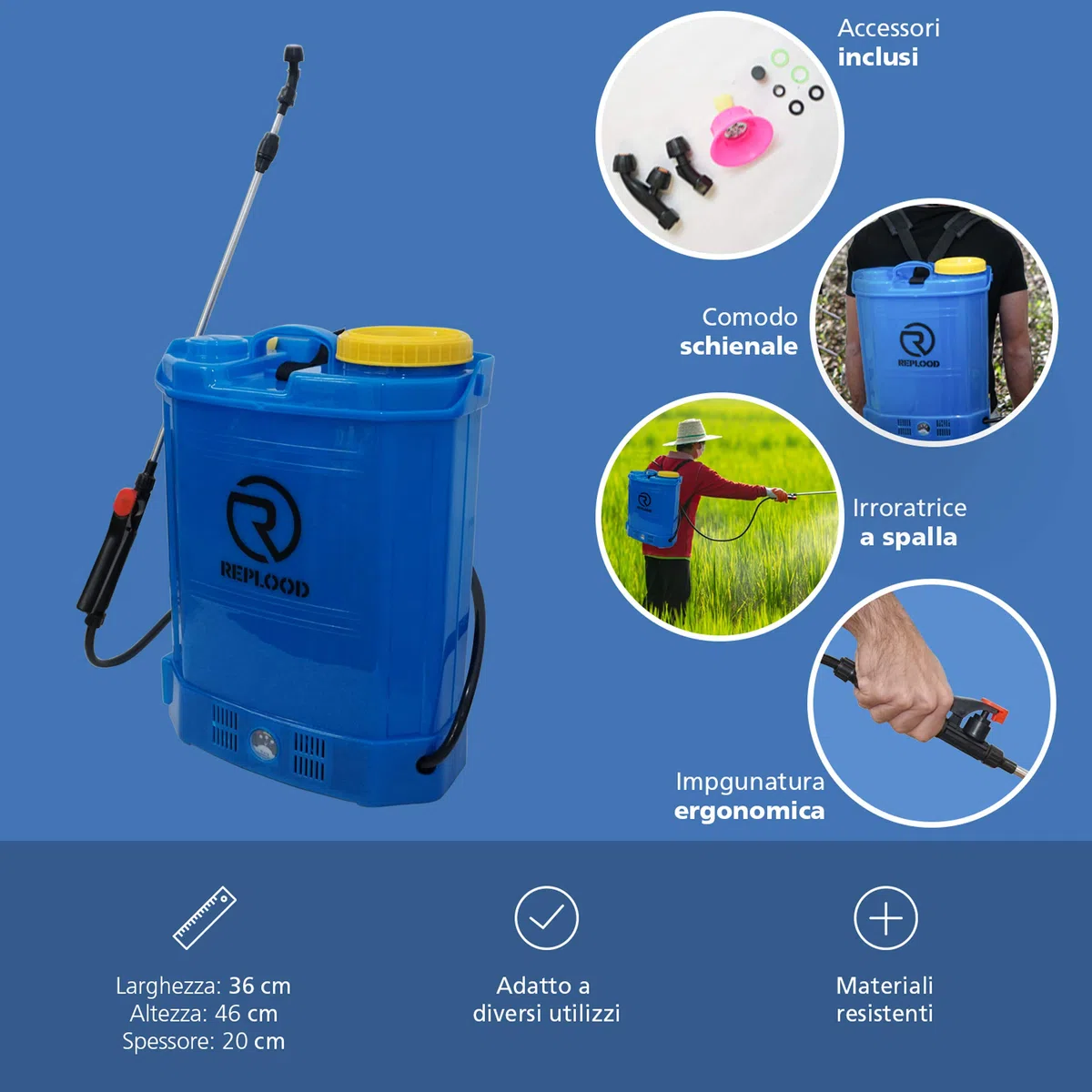 REPLOOD Pompa Irroratrice Spalleggiata a Batteria 16 Litri Peso 5Kg Irroratore