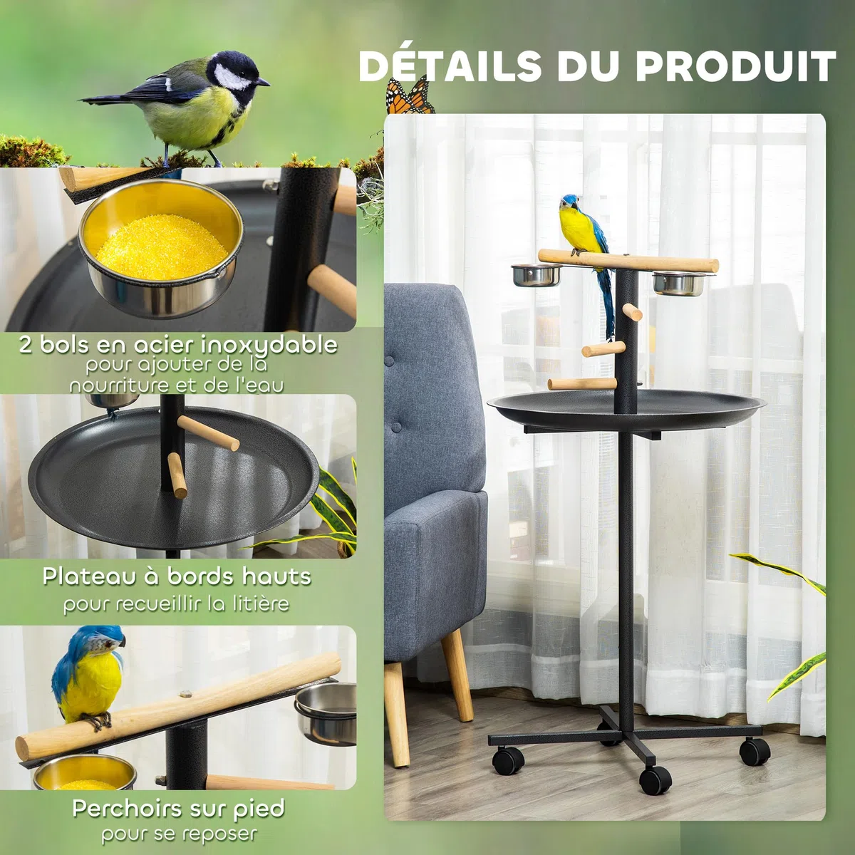 PawHut Trespa Pappagalli Supporto Gioco Metallico Vassoio Rotondo Nero | Tavolo Metallico per Uccelli Stazione Alimentazione, Ciotole in Acciaio Inox, Quattro Ruote