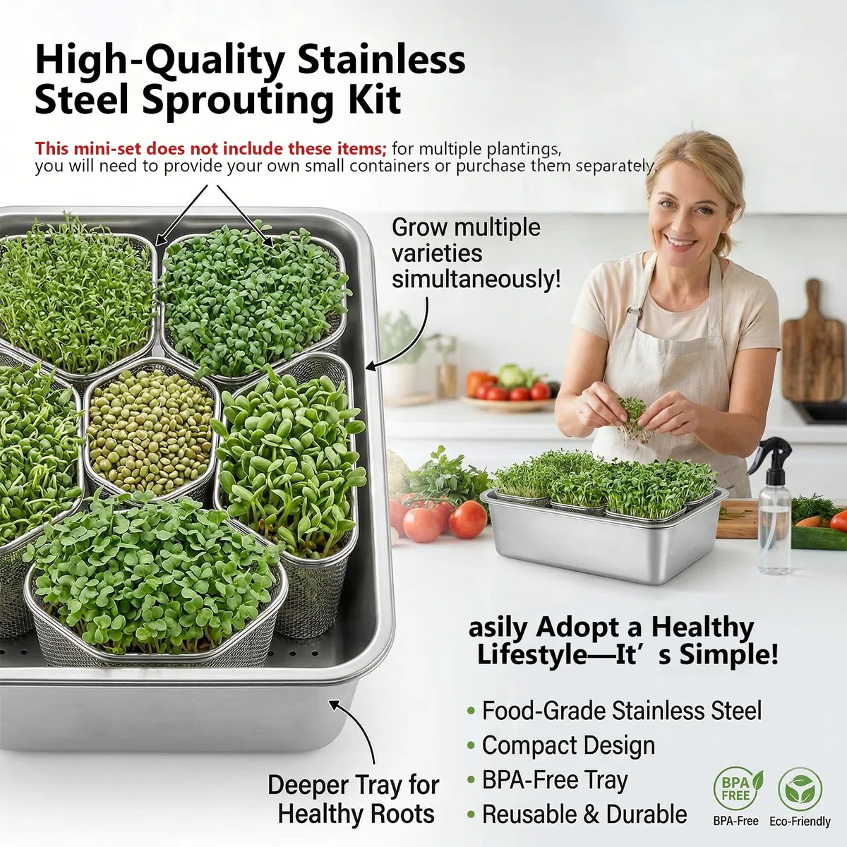 Set 2 Vassoi Germinazione in Acciaio Inossidabile 2 in 1 26 x 19 cm con Colino Fine e Vassoio per Germogli Crescita Microgreens Erba di Grano Riutilizzabile Anti-Ruggine Lavabile in Lavastoviglie