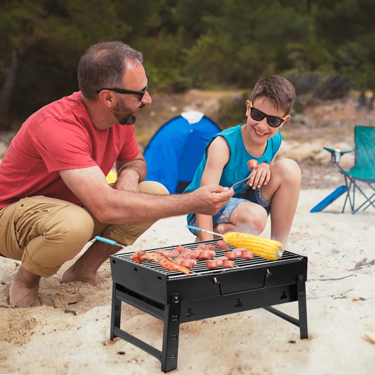 AGM Barbecue Carbone Portatile per 1-4 Persone, Barbecue Grill, BBQ Griglia in Acciaio a Carbone Pieghevole Portatile per Picnic, Viaggi, Patio o Campeggio in Giardino (40 x 27 x 20 CM)