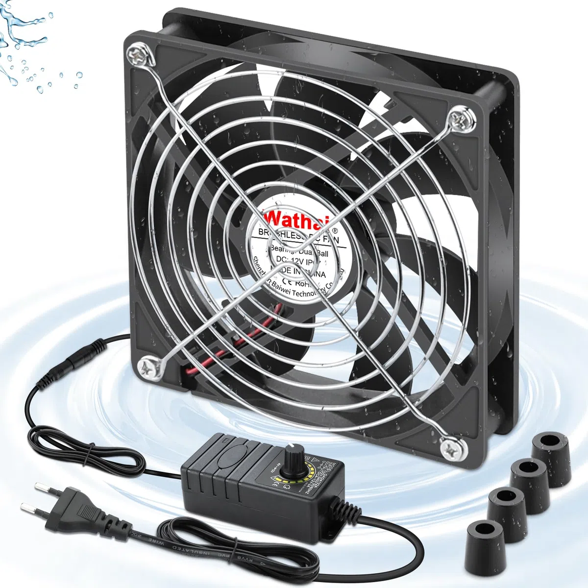 Wathai Ventilatore piccolo da 120 mm x 25 mm, IP67, 12 V, con spina AC, regolatore di velocità 220 V, 230 V, 240 V, per scatola Biltong, tenda da terra, terrario, acquario, serra