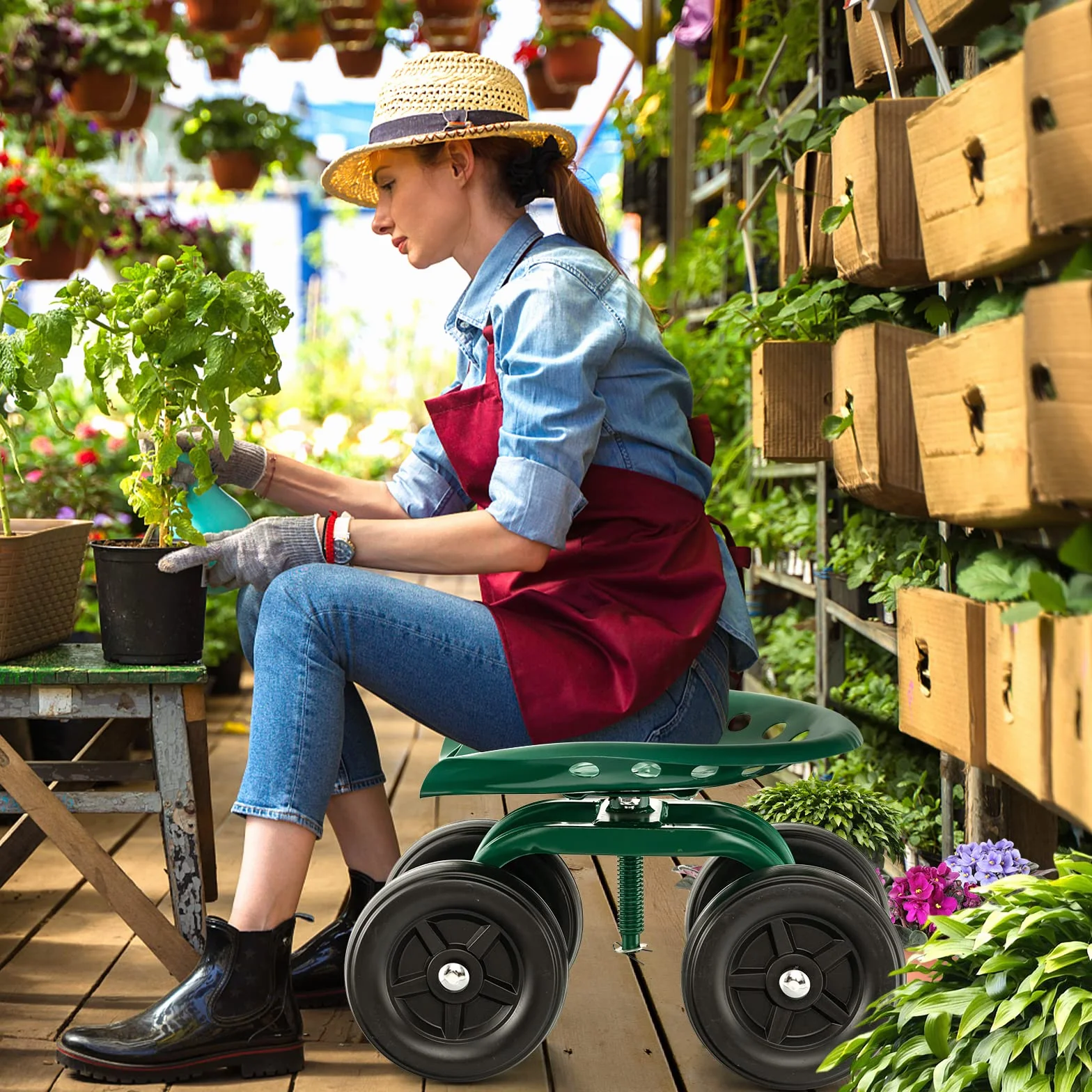 GYMAX Sgabello da Giardino con Ruote, Sedile da Lavoro Regolabile in Altezza per Giardinaggio