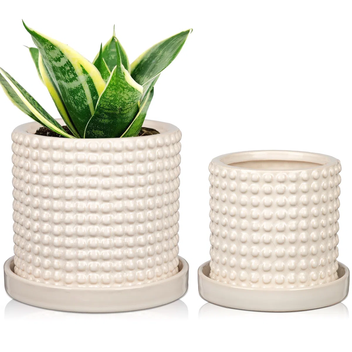 Oairse Vaso per piante in ceramica, 15 cm + 11 cm, con fori di drenaggio, vasi da fiori bianchi, design con perline, vasi decorativi per interni, per cactus, serpente, pianta d'appartamento