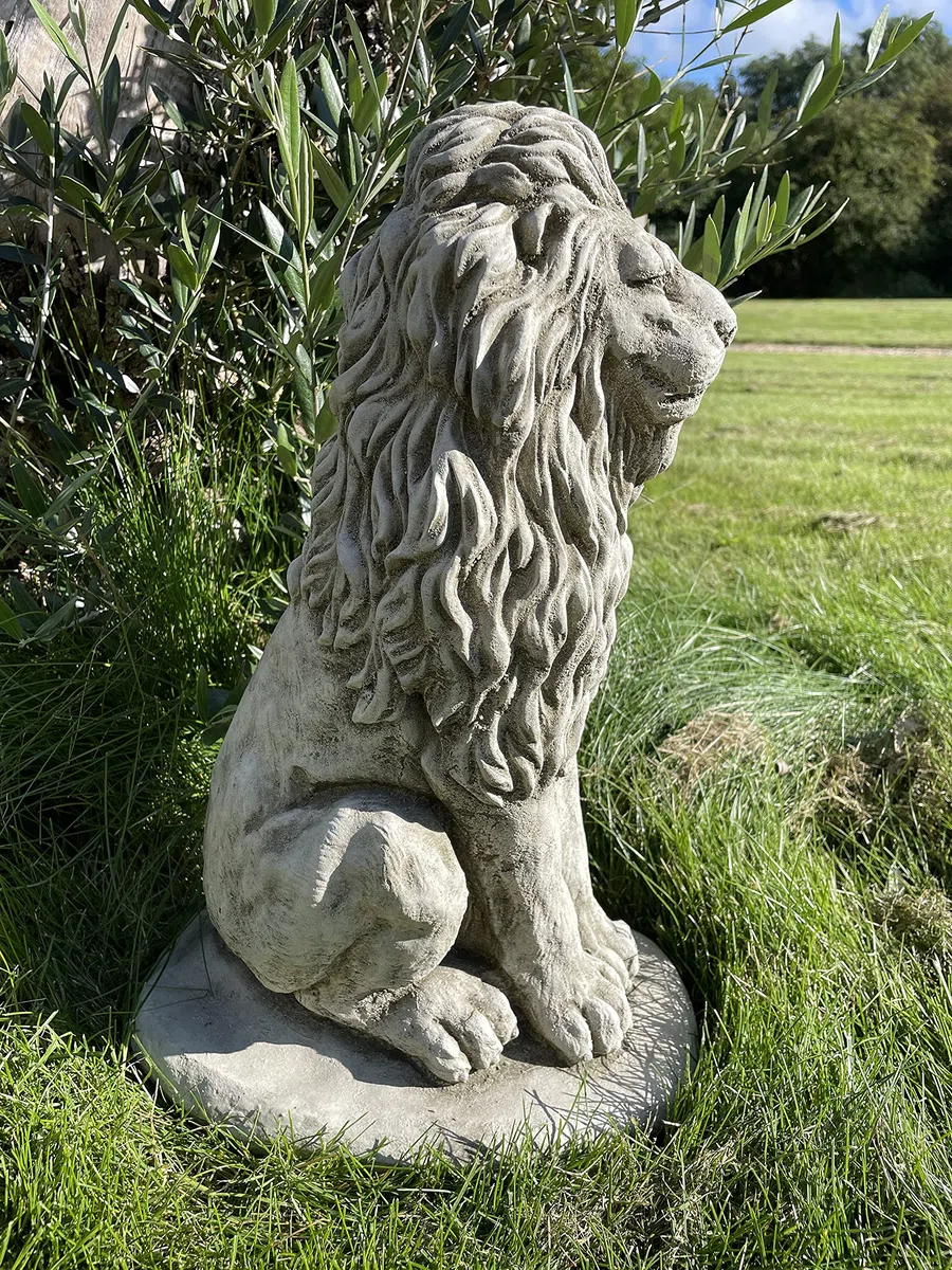 Statua del leone in posizione seduta, ornamento per esterni, da giardino, con l'animale africano in pietra ricostituita