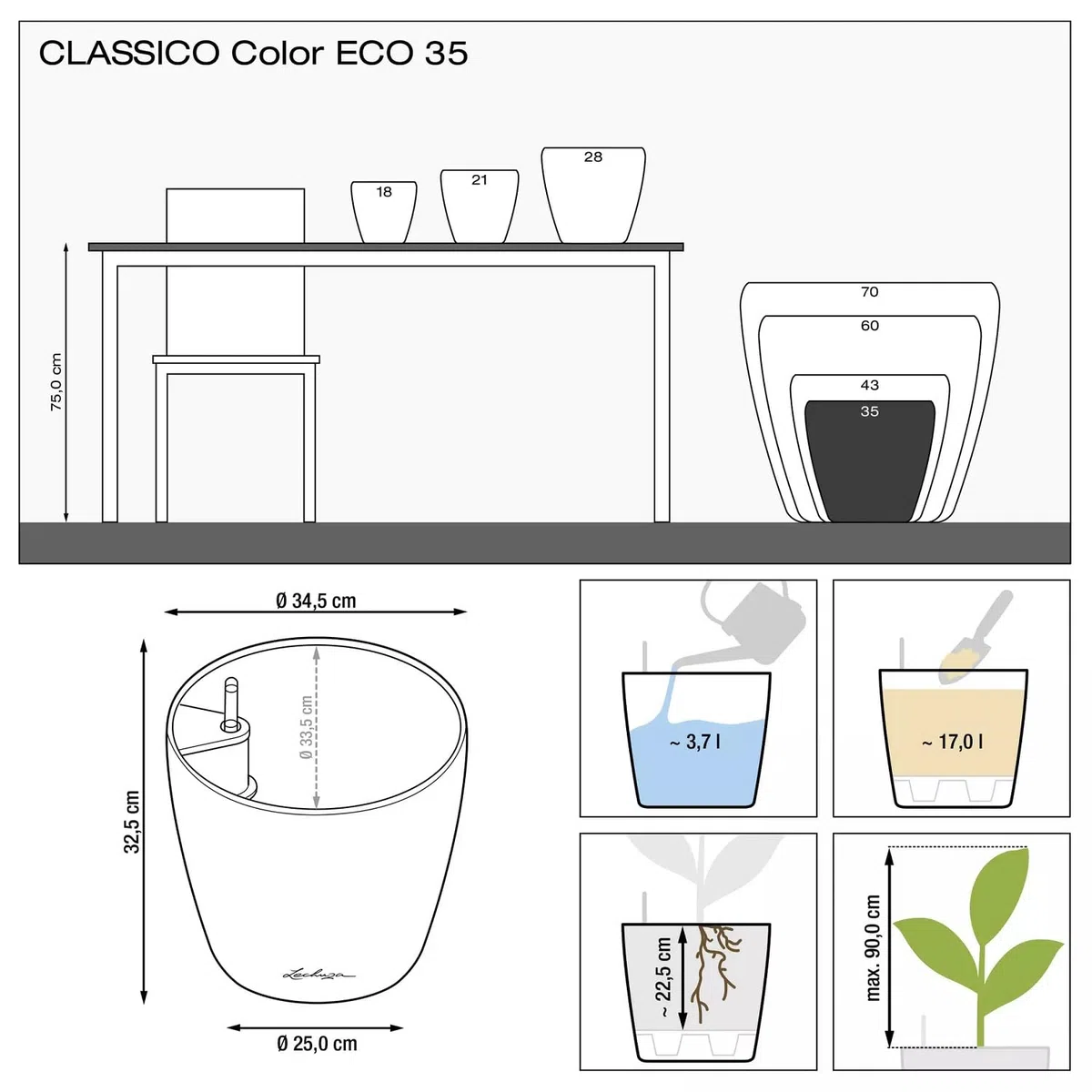 LECHUZA - Vaso per piante Classic Color ECO 35, grigio scuro, con sistema di irrigazione e indicatore del livello dell'acqua, in plastica riciclata al 100%