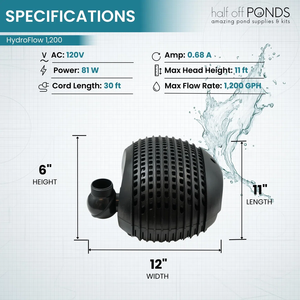 HALF OFF PONDS HydroFlow - Pompa sommergibile a cascata da 1.200 GPH - Pompa magnetica per laghetto con cavo da 9,2 m - Efficienza energetica, sicura per i pesci, per laghetti all'aperto, skimmer e