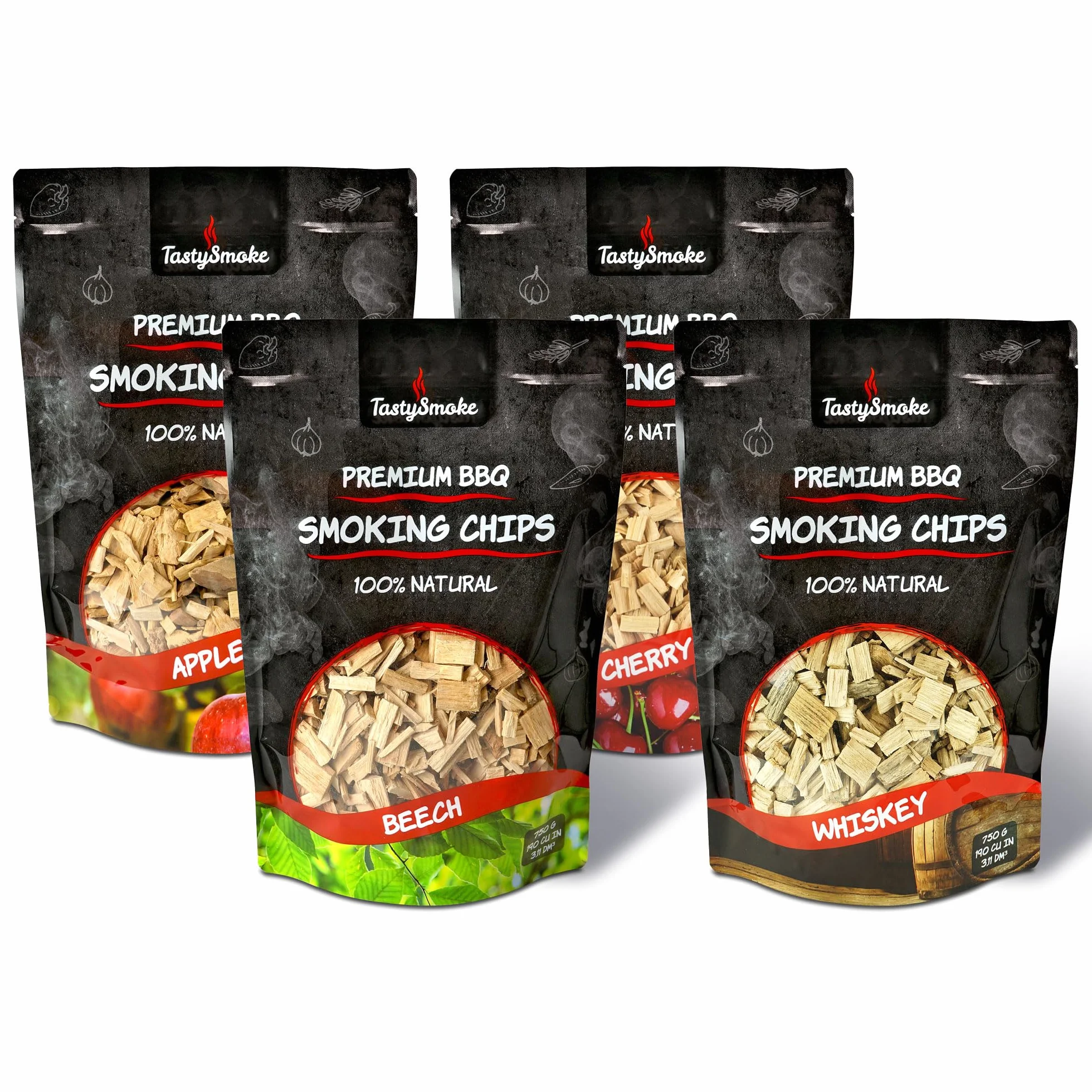 Set di 4 Chip per Affumicatura di Alta Qualità – Chip di Legno Naturali di Mela, Faggio, Ciliegio & Quercia – Perfetto per Affumicatore, Griglia & BBQ – 750 Grammi di Qualità 100% Pura