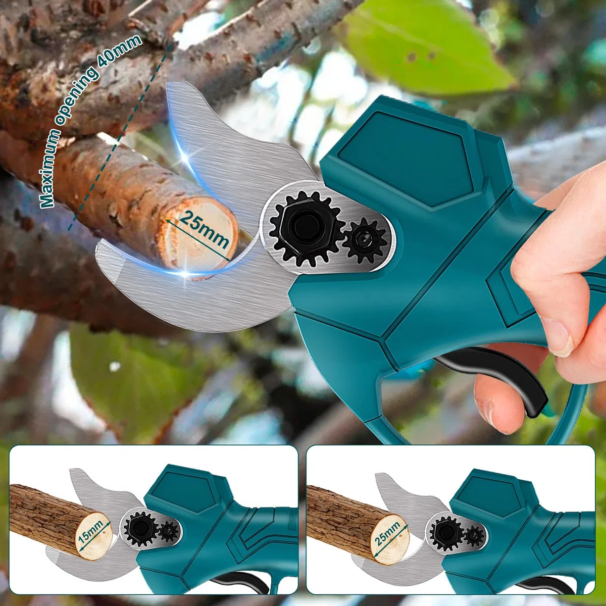 Cesoie da giardino elettrico a batteria, senza spazzole, compatibile con batteria Makita da 18 V, diametro di taglio 25 mm, forbici per albero con pietra abrasiva, guanti protettivi e scatola (senza