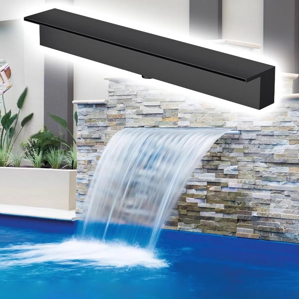 Fontana a cascata personalizzabile in acciaio inox da 170,2 cm con tubo morbido e connettore, ideale per stagno, patio, giardino, giardino roccioso, finitura nera, 170 cm di larghezza