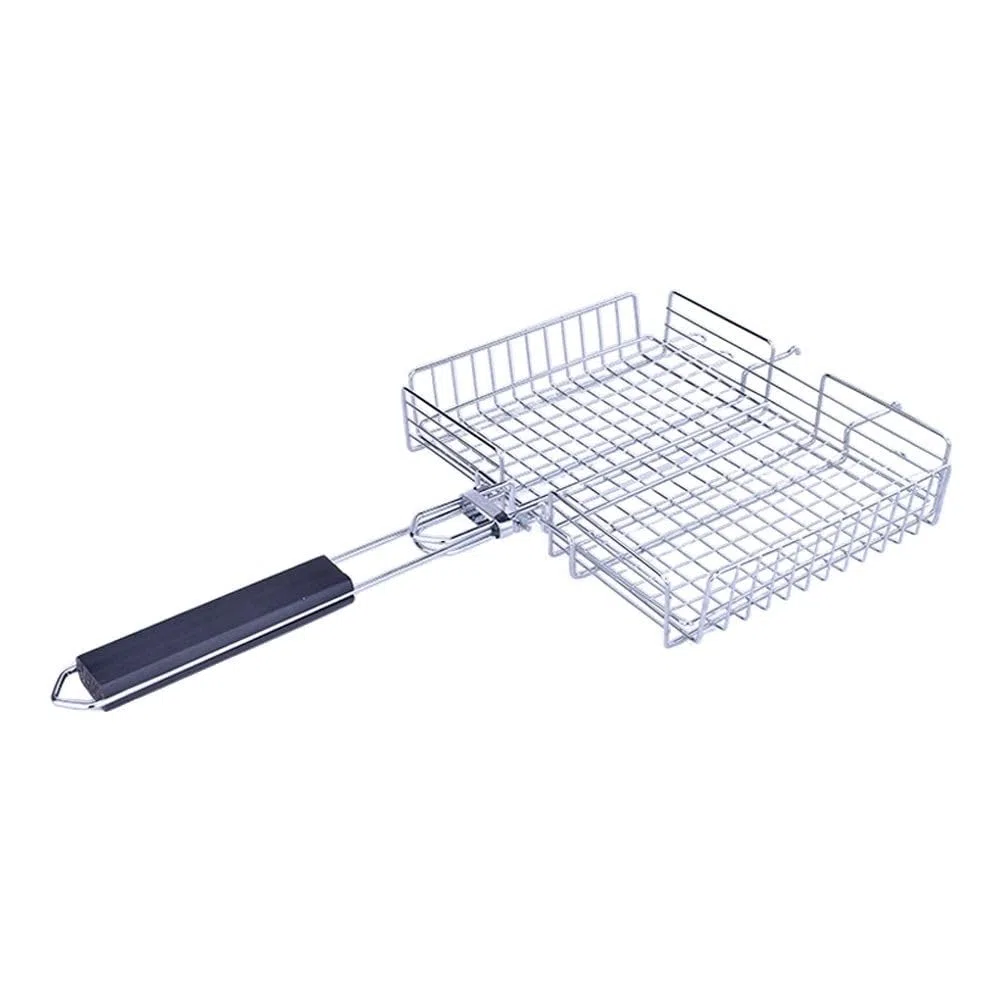 Cestino pieghevole in acciaio inox per barbecue con manico rimovibile, rete portatile per barbecue per campeggio e cucina all'aperto, 64,5 x 31 x 5 cm