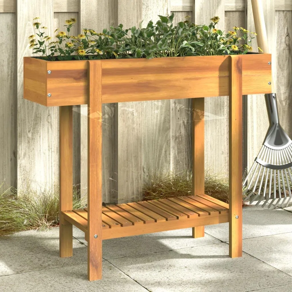 Fioriera Rialzata 90x30x75 cm Legno Massello Acacia da Giardino | Vasca per piante da balcone e patio con ripiano inferiore e sacco interno in tessuto, ideale per orto ed erbe aromatiche.