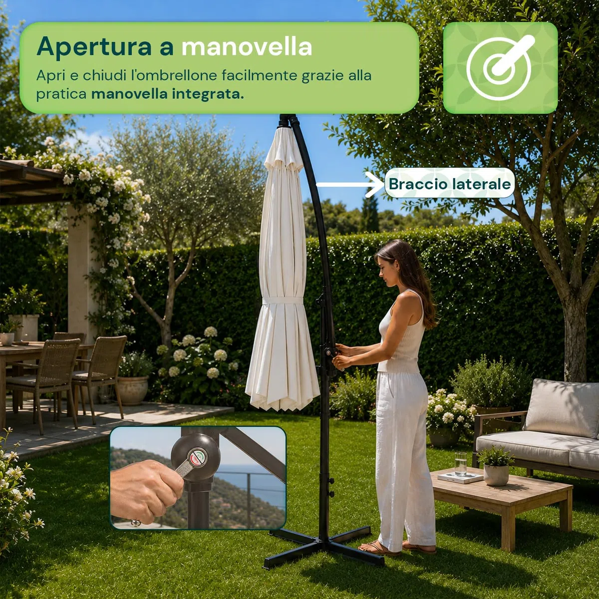 Avilia - Ombrellone da Giardino 300 cm Altezza 2,5 m con Braccio Decentrato, Tessuto Impermeabile e Anti Raggi UV, Apertura a Manovella, Design Moderno per Arredo Giardino per Esterno