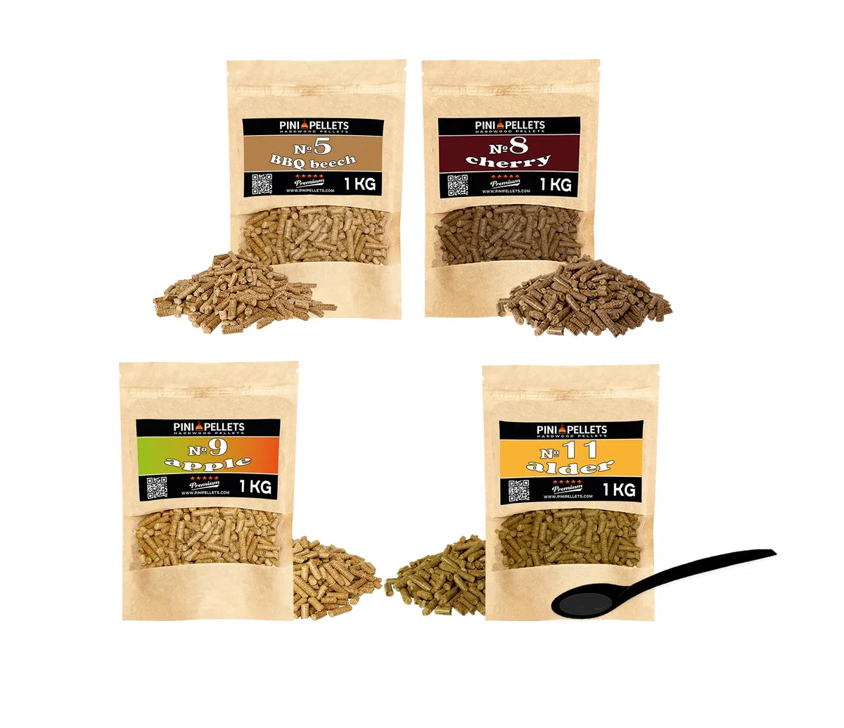 PINI Set di pellet in legno naturale, 4 x 1 kg, per affumicatore a scelta tra 4 varietà – pellet di faggio n. 5, pellet di ciliegia n. 8, pellet di mela n. 9, Erlenpellets Nr 11 – legno puro