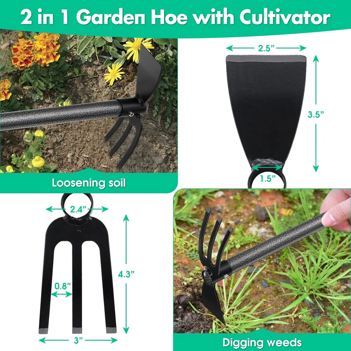 Zappa doppia da giardino, Zappetta da Giardino con Manico da 114 cm, Zappetta da Giardino con Tridente per Dissodare e Diserbare, Coltivatore Manuale da Giardino