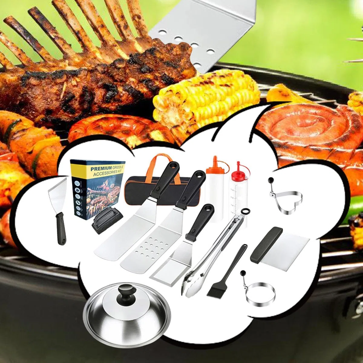 Set di utensili da cucina per esterni, 14 pezzi, in acciaio inossidabile | portatile, per campeggio, giardino, verdure, gamberi e carni