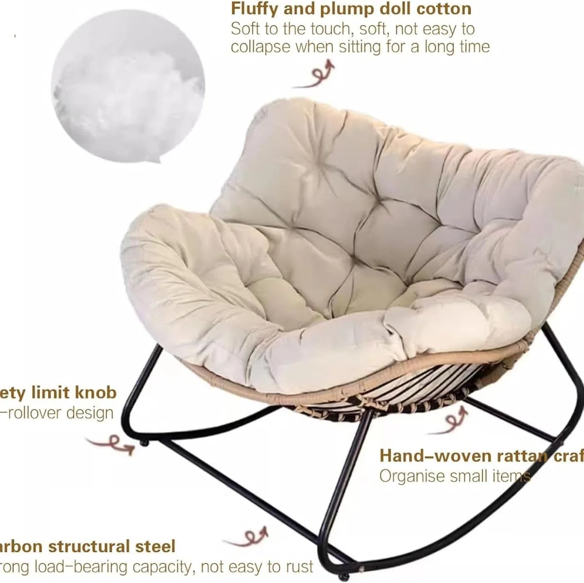 Papasan - Sedie a dondolo per adulti, 103,9 cm, oversize in rattan, struttura in metallo, supporto grande, per esterni e patio moderno (bianco)