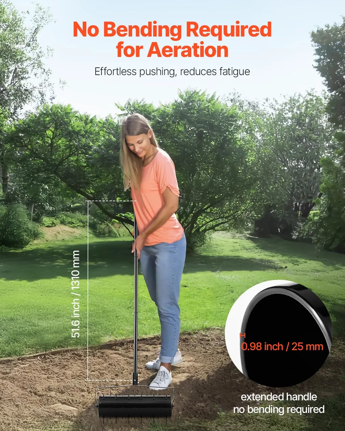 VEVOR Arieggiatore per Prato Rotante Manuale da 533,4 mm Strumento di Aerazione per Prato Rotante per Impieghi Gravosi con Manico Staccabile e 33 Punte in Ferro, per Giardini, Cortili e Prati, Nero