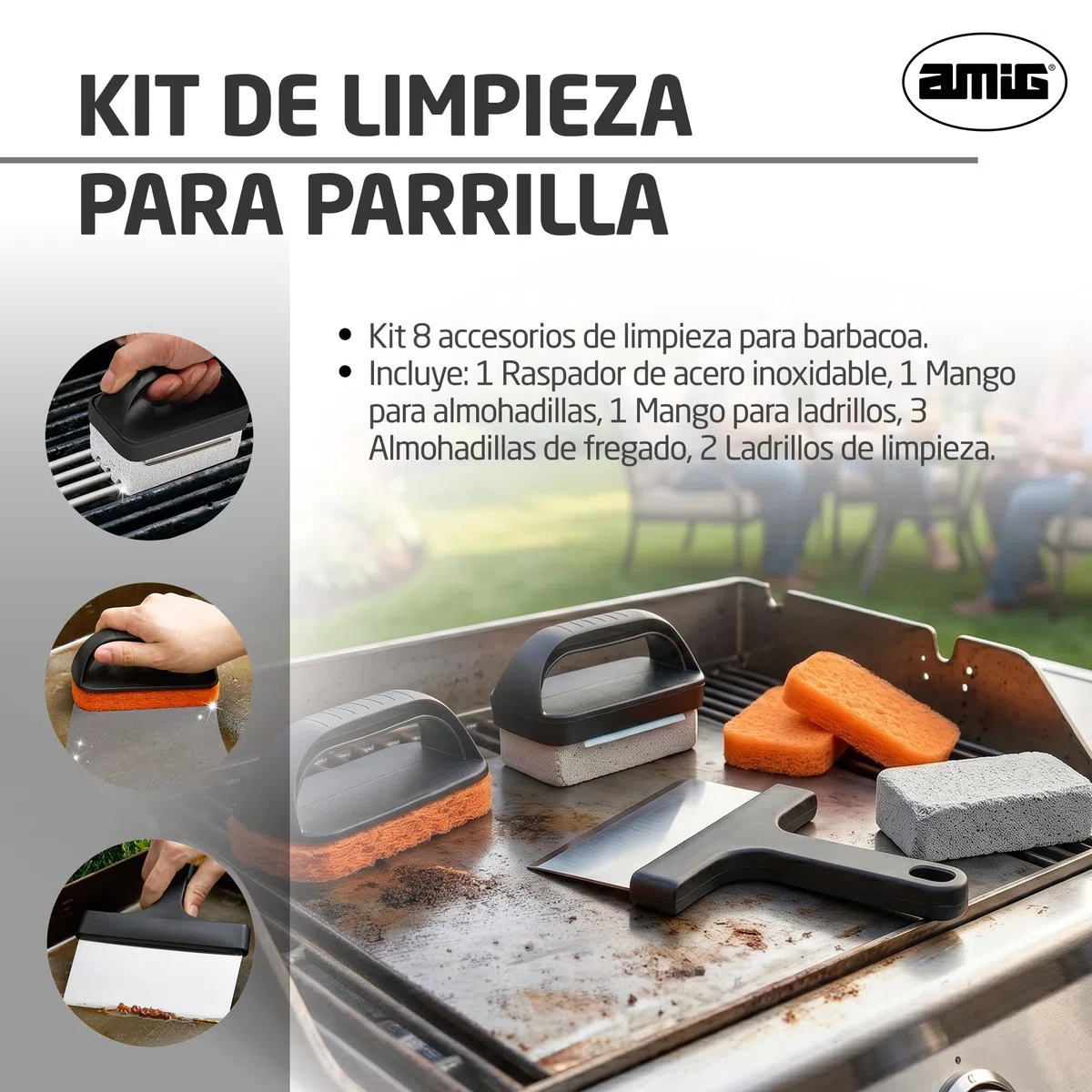 Amig - Kit 8 accessori pulizia barbecue AM22 - Raschietto 23 cm + 3 spugne in poliestere + 1 spugna in PP + 3 blocchi pulizia - Acciaio inox e polipropilene