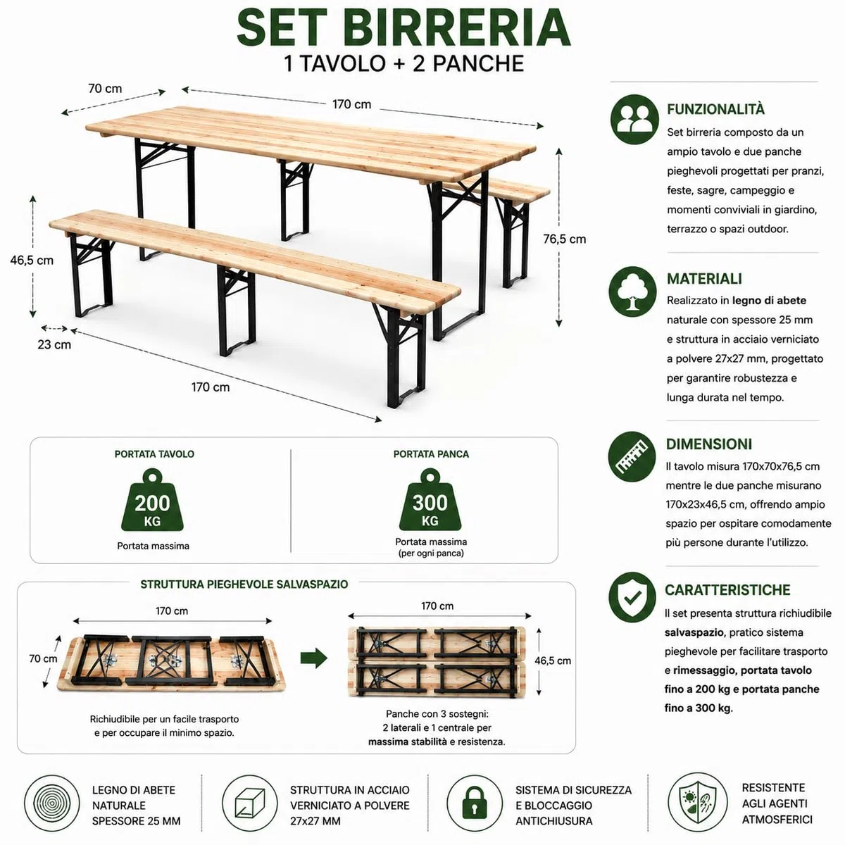 Brigros - Set Birreria Pieghevole in Legno di Abete con Tavolo e 2 Panche, Set Tavolo da Esterno Richiudibile con Struttura in Acciaio, 170x70x76,5 cm